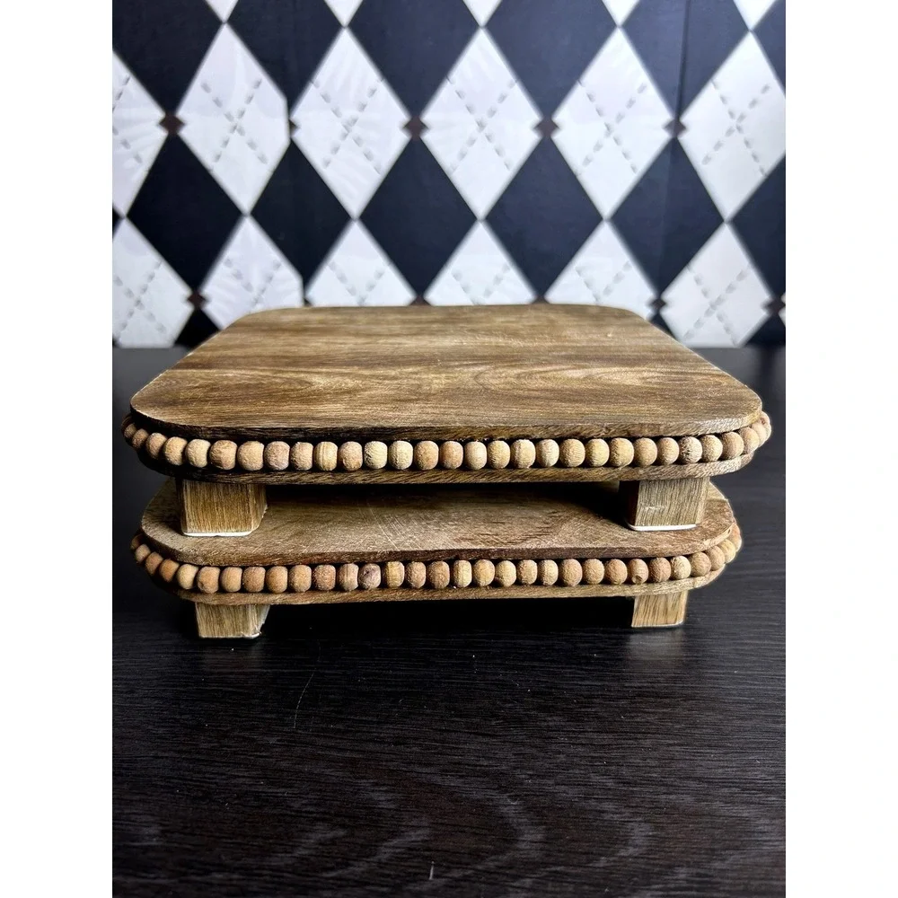 Pair Mango Wood Pedestal Risers with Beaded Edge Decorative Trivets